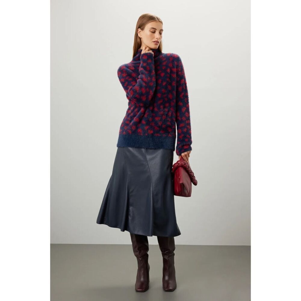 Thakoon Navy Red Printed Fuzzy Mock Neck Pullover 💙